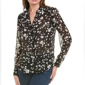Cabi Top Floral Blouse Sheer V-Neck Delight black white
